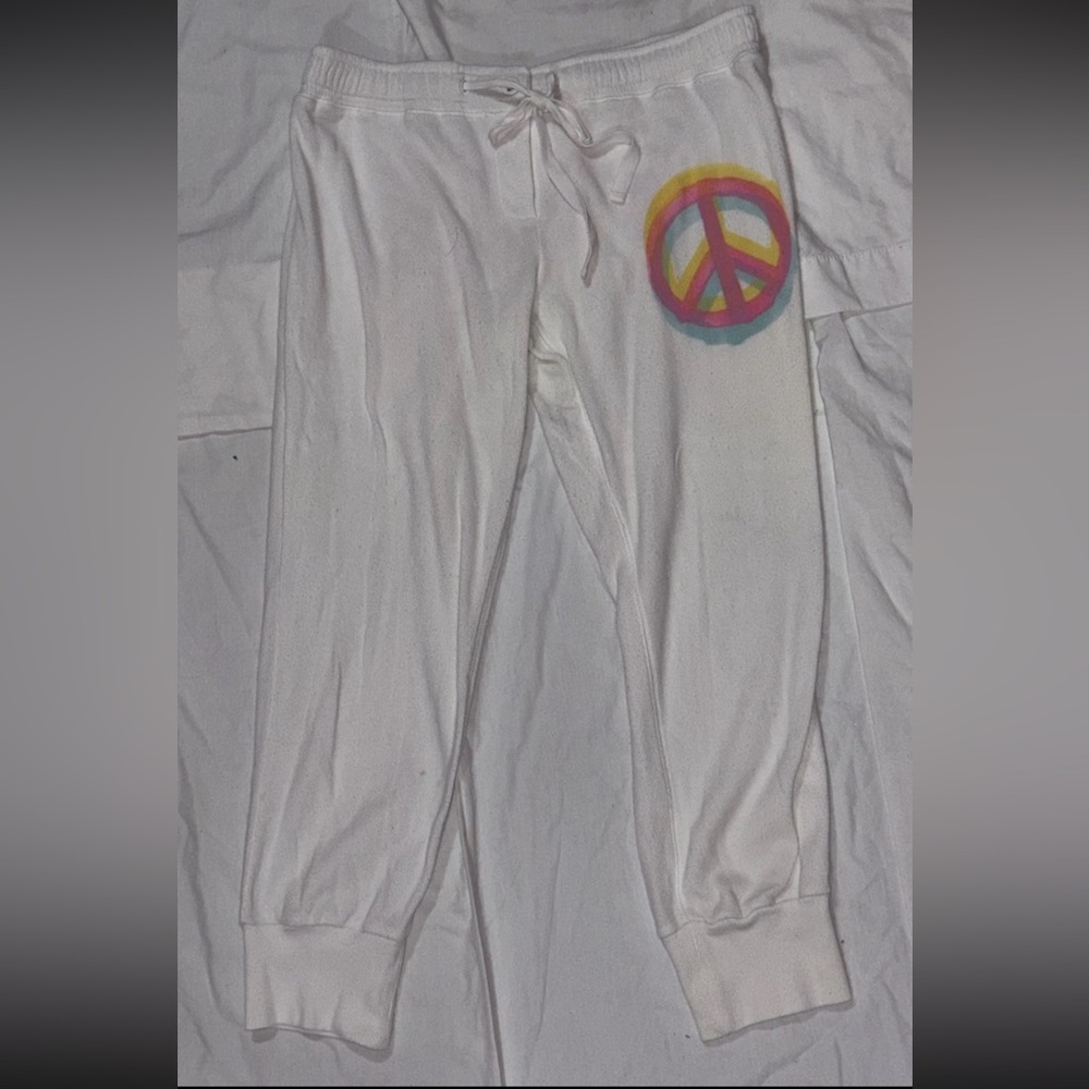 Pink Victoria’s Secret Y2K Joggers Peace Logo  Sz.XS Spellout Logo White